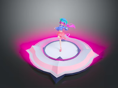 Child Character With Colorful Hair And Pink Dress Standing On Circular Platform With Pink Light 3d model