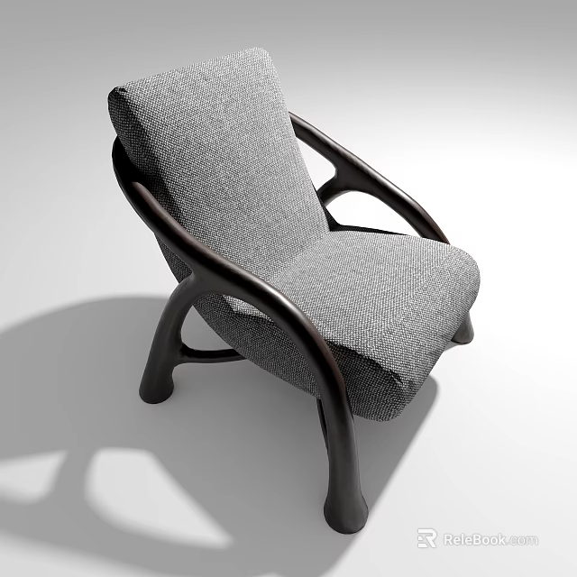 Modern Gray Fabric Sofa Stool With Black Wooden Curved Frame Design 3d model 