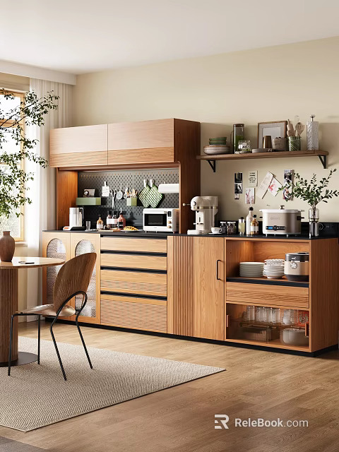 Wooden Sideboard in Modern Kitchen with Storage Cabinets Microwave Coffee Maker Dishes and Glasses 3d model 
