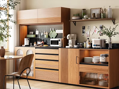 Wooden Sideboard in Modern Kitchen with Storage Cabinets Microwave Coffee Maker Dishes and Glasses 3d model