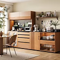 Wooden Sideboard in Modern Kitchen with Storage Cabinets Microwave Coffee Maker Dishes and Glasses