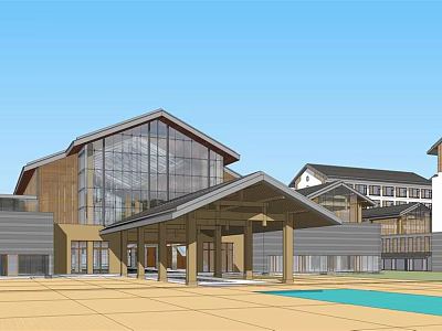 Modern Architectural Building Exterior With Glass Curtain Wall Wooden Facade Sloped Roof And Water Feature 3d model