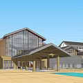 Modern Architectural Building Exterior With Glass Curtain Wall Wooden Facade Sloped Roof And Water Feature