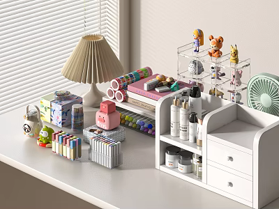 Neatly Arranged Desk with Diverse Musical Instruments and Art Supplies for Creative Work 3d model