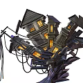 Haunted Monster Hand With Stacked Houses And Glowing Windows Clawed Form