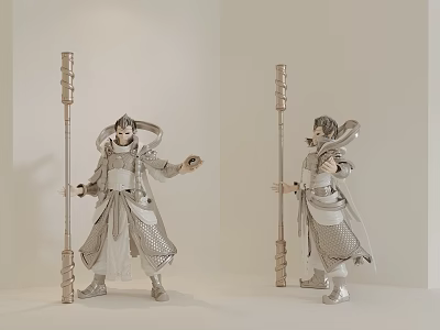 Intricate Traditional Warrior Sculptures Holding Long Staffs In Standing Pose With Detailed Attire 3d model