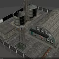 Industrial Factory Building with Arched Roof Metal Silos and Tower Structure on Concrete Ground