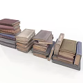 Old Books Stacked in Various Piles with Assorted Colored Covers and Heights