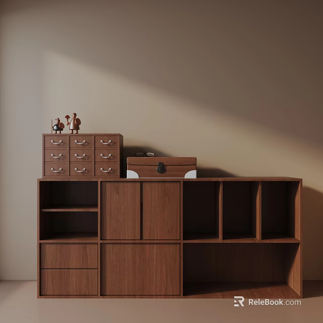 Wooden Entryway Side Cabinet With Drawers Storage Compartments And Decorative Figurines 3d model 