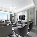 Elegant Modern Living Dining Room Interior With Gray Sofa TV Wall Marble Floor And Chandelier