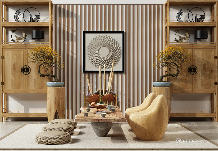 Chinese Style Tea Table And Chairs With Wooden Cabinets Circular Painting And Potted Plants 3d model 