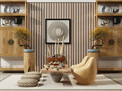 Chinese Style Tea Table And Chairs With Wooden Cabinets Circular Painting And Potted Plants 3d model