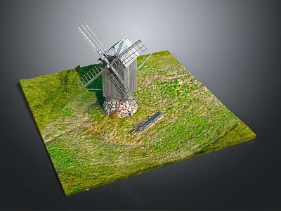 Detailed Windmill Model With Wooden Structure On Green Grass And Stone Foundation 3d model