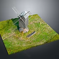 Detailed Windmill Model With Wooden Structure On Green Grass And Stone Foundation