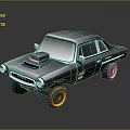 Vintage Style Black Car With Yellow Rims Red Hood Component And Body Stripes
