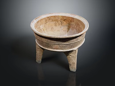 Ancient Style Clay Pottery Round Bowl With Three Legs For Household Use 3d model