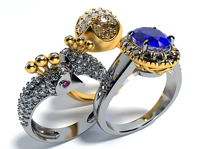 Exquisite Gemstone Jewelry Rings With Gold Silver Inlaid Design And Blue Sapphire Diamonds 3d model