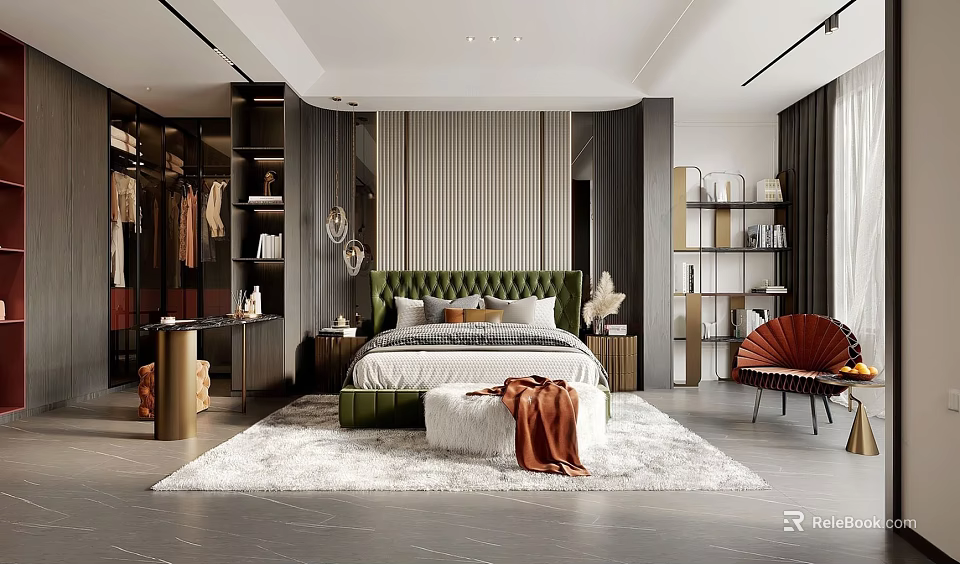 Modern Bedroom Interior With Green Upholstered Headboard Area Rug And Accent Armchair 3d model 