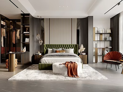 Modern Bedroom Interior With Green Upholstered Headboard Area Rug And Accent Armchair 3d model