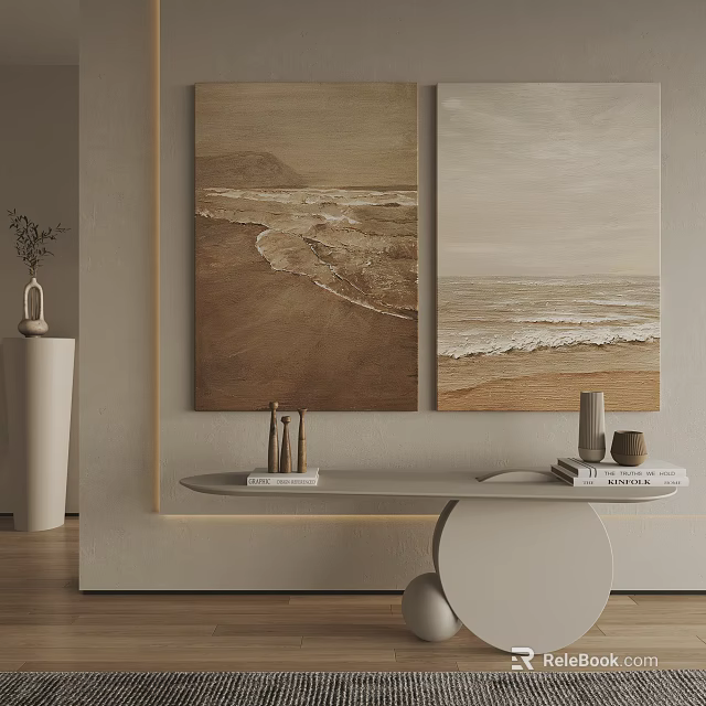 Modern Coastal Landscape Paintings With Rolling Waves And Sandy Shore Tones 3d model 
