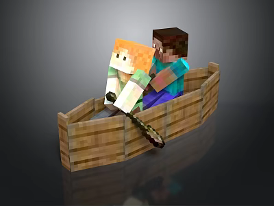 Minecraft Wooden Boat With Two Characters Rowing In Pixel Art Style 3d model