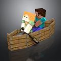 Minecraft Wooden Boat With Two Characters Rowing In Pixel Art Style