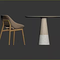 Minimalist Modern Round Wooden Table With Marble Base And Light Brown Curved Chair
