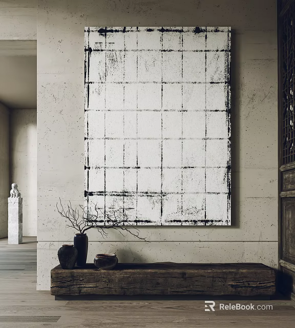 Minimalist Abstract Painting With Grayscale Grid Pattern Hanging On Interior Wall With Vase And Sculpture 3d model 