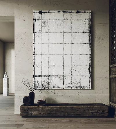 Minimalist Abstract Painting With Grayscale Grid Pattern Hanging On Interior Wall With Vase And Sculpture 3d model