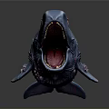 Detailed Blue Whale Sculpture With Red Stripes Open Mouth On Dark Background
