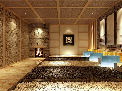 Serene SPA Sauna Interior with Wooden Ceiling Stone Walls Fireplace Pebble Floor and Blue Seats 3d model
