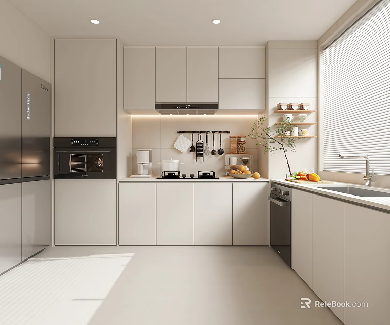 Modern Kitchen Interior With White Cabinets Stainless Steel Appliances Fresh Fruits And Natural Light 3d model 
