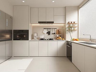 Modern Kitchen Interior With White Cabinets Stainless Steel Appliances Fresh Fruits And Natural Light 3d model