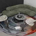 Modern Green Curved Sofa and Coffee Table Set with Colorful Round Rug and Patterned Chairs