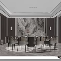 Modern Private Dining Room With Marble Feature Wall Round Table And Elegant Chairs 3d model