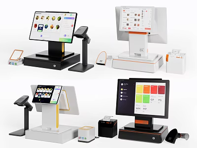 Commercial POS Equipment With Touchscreen Displays Barcode Scanners And Receipt Printers 3d model
