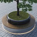 Circular Tree Planter With Grass Wooden Bench On Gray Tiled Floor With Built In Lighting