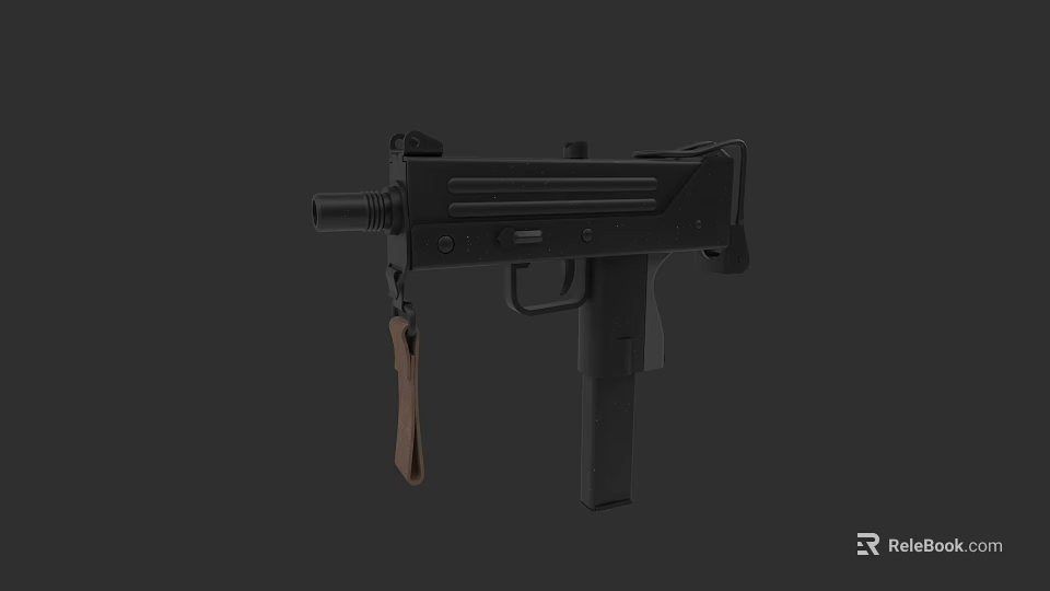 Tactical Black Submachine Gun With Metal Body And Leather Strap Design 3d model 