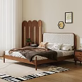 Double Bed with Wooden Headboard Cozy Bedding Pillows Nightstand Lamp Decorative Paintings Green Plant Rug