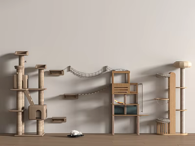 Modern Wooden Cat Tree With Multi Level Platforms Hanging Bridge And Scratching Posts 3d model