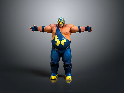 Action Style Wrestler Wrestler Blue Vest Yellow Dragon Wrestling Mask Blue Wrestling Pants Wrist Muscle Male Game Character Sports Character 3d model