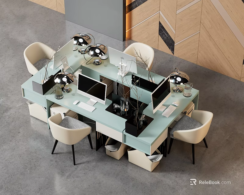 Modern Office Desk With Spherical Lamps Computer Monitors And Beige Office Chairs 3d model 
