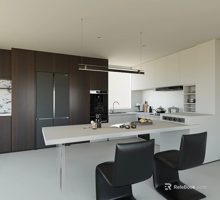 Modern Kitchen Interior With Dark And White Cabinets Island Counter And Appliances 3d model 