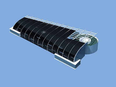 Modern Commercial Complex With Black Glass Curtain Walls And Metal Roof Structure 3d model
