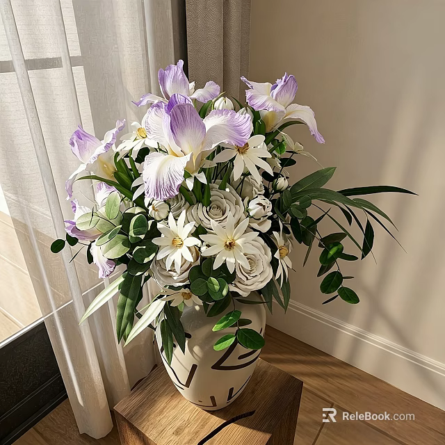 White Vase with Purple Irises White Flowers and Green Leaves on Wooden Table Near Curtain 3d model 