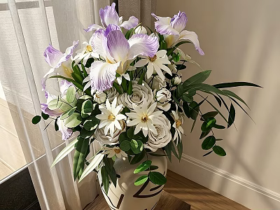 White Vase with Purple Irises White Flowers and Green Leaves on Wooden Table Near Curtain 3d model