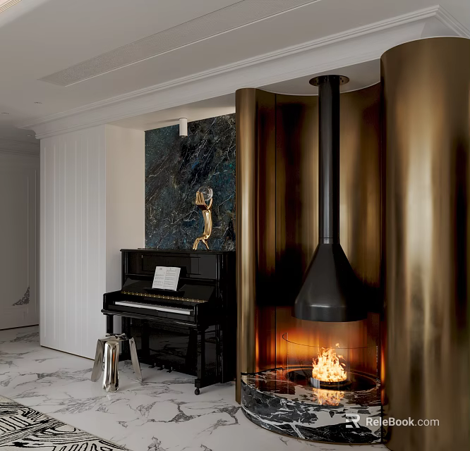 Elegant Piano Room With Black Piano Sheet Music Gold Sculpture Fireplace On Marble Floor 3d model 