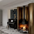 Elegant Piano Room With Black Piano Sheet Music Gold Sculpture Fireplace On Marble Floor
