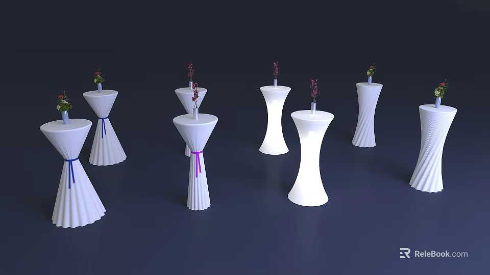 White Decorative Pillars With Small Flowers And Colored Ribbons On Dark Background 3d model 