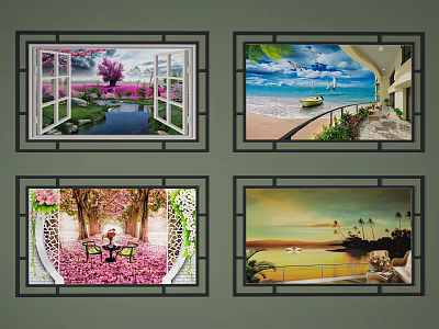 Scenic Landscape Paintings Featuring Window View Beach Bench Sunset And Natural Scenery 3d model